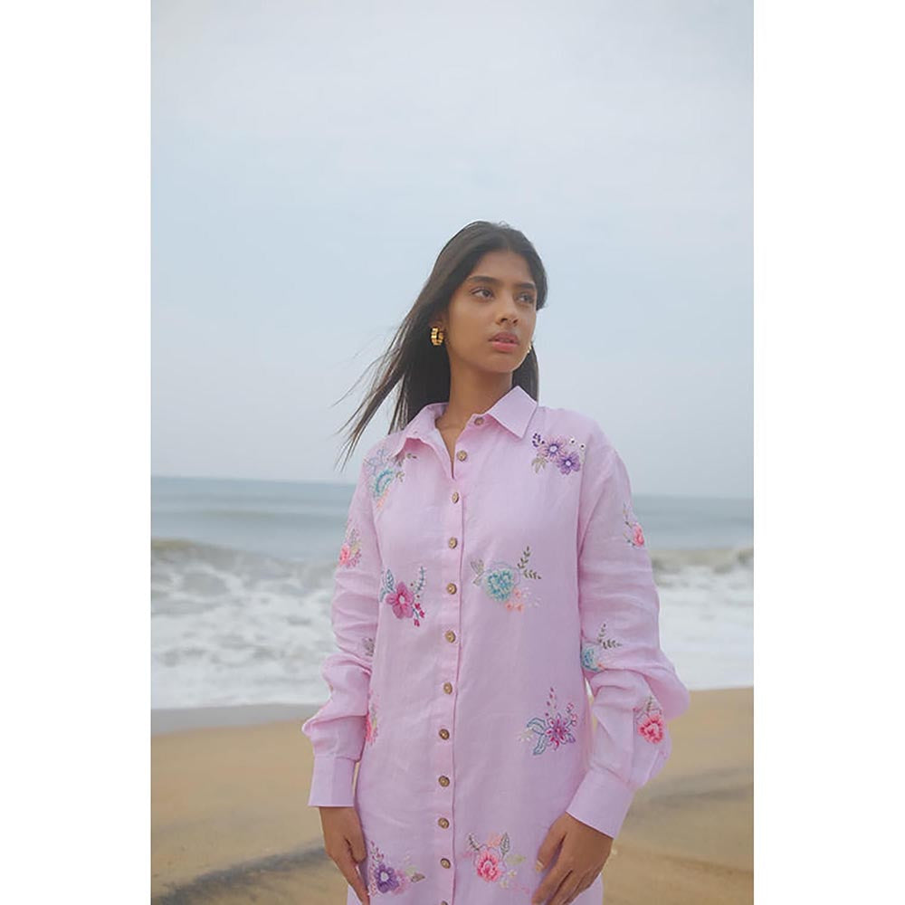 KAVANA Women Floral Embroidered Pink Maira Linen Shirt Maxi Dress