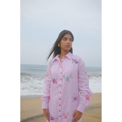 KAVANA Women Floral Embroidered Pink Maira Linen Shirt Maxi Dress