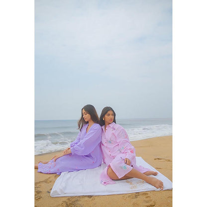 KAVANA Women Floral Embroidered Pink Maira Linen Shirt Maxi Dress