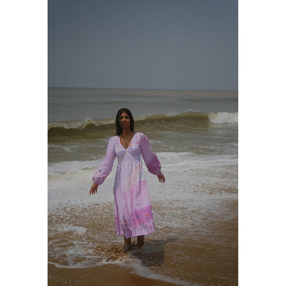 KAVANA Women Floral Print Lavender Hoor Linen A-Line Maxi Dress