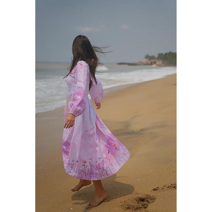 KAVANA Women Floral Print Lavender Hoor Linen A-Line Maxi Dress