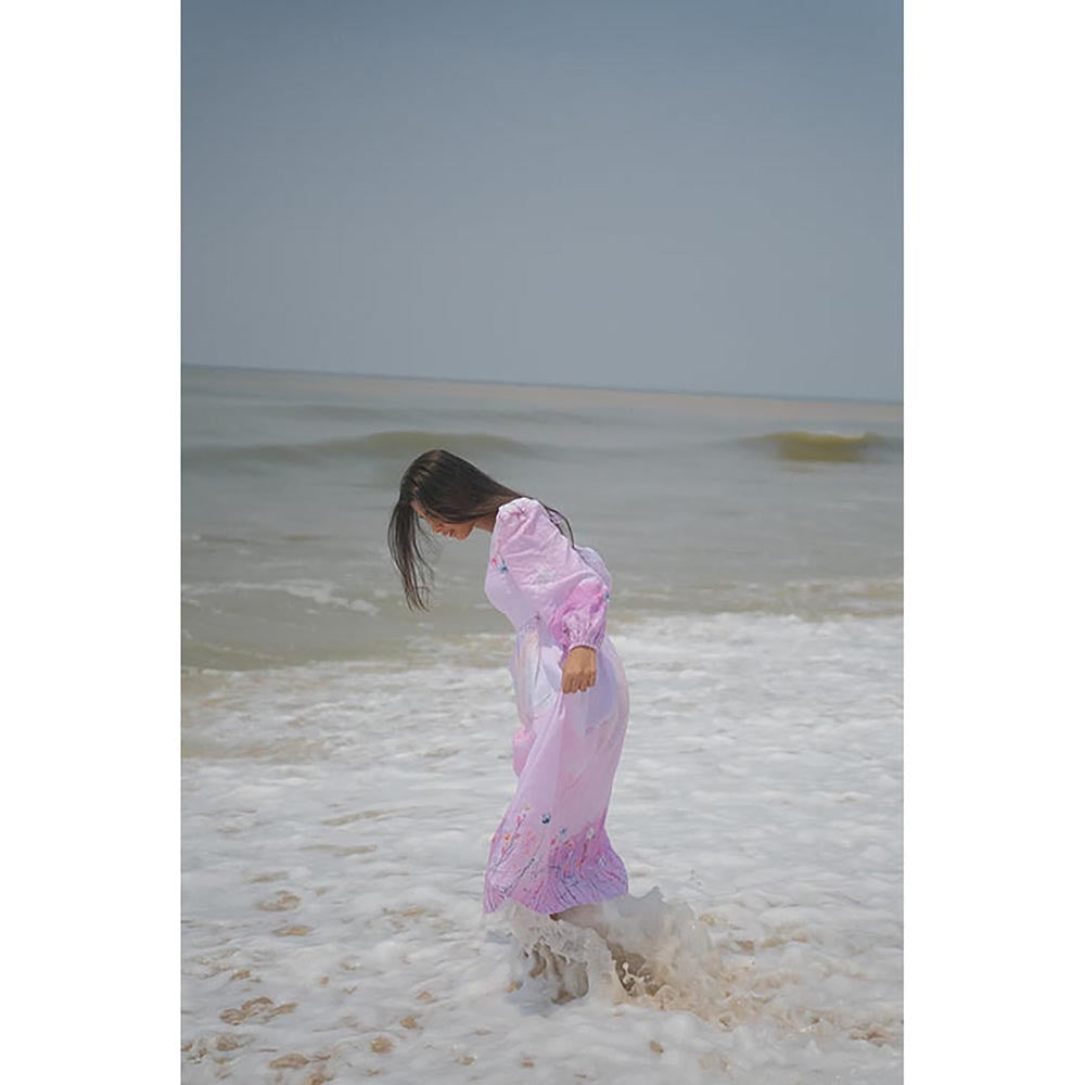 KAVANA Women Floral Print Lavender Hoor Linen A-Line Maxi Dress