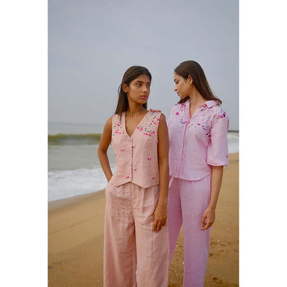 KAVANA Women Floral Embroidered Pink Anika Linen Top With Pant Co-Ord's