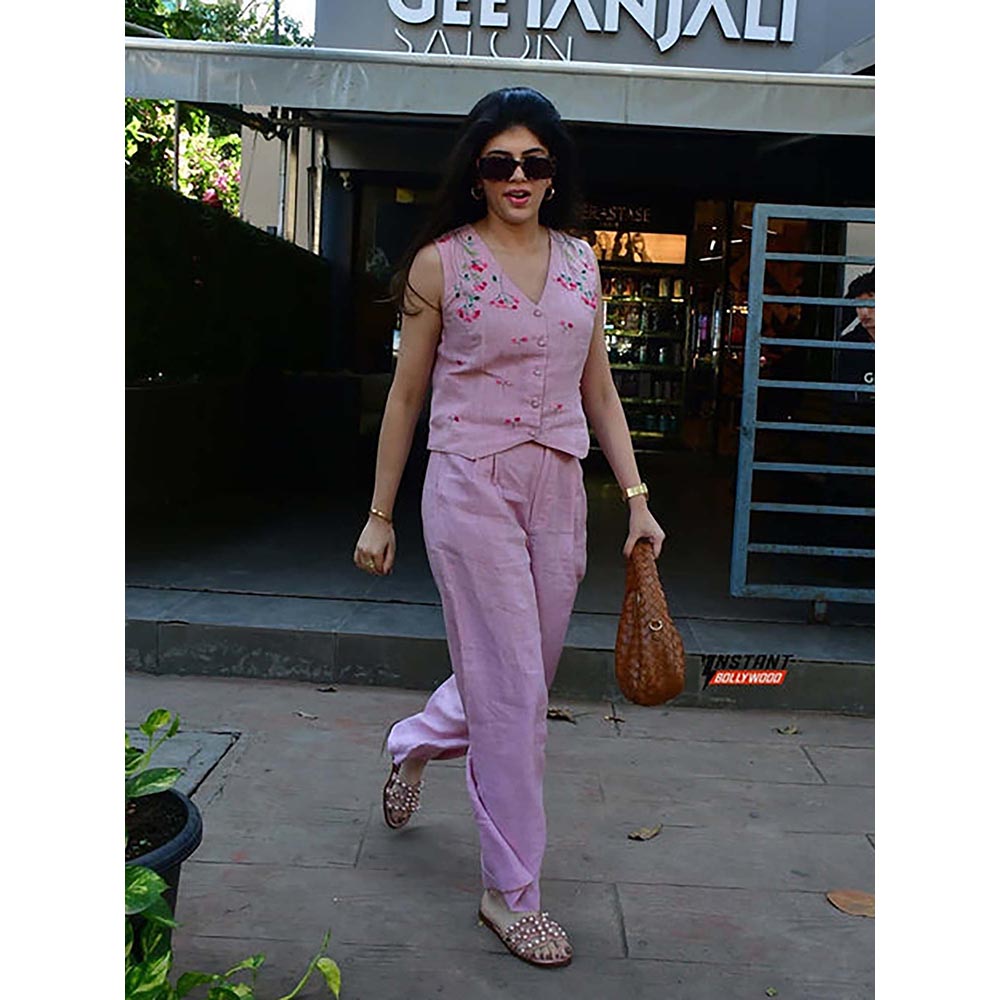 KAVANA Women Floral Embroidered Pink Anika Linen Top With Pant Co-Ord's