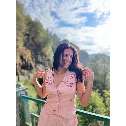 KAVANA Women Floral Embroidered Pink Anika Linen Top With Pant Co-Ord's