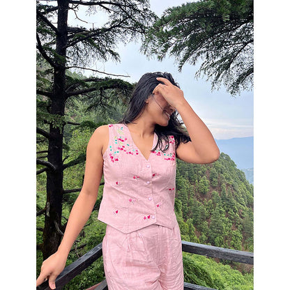 KAVANA Women Floral Embroidered Pink Anika Linen Top With Pant Co-Ord's