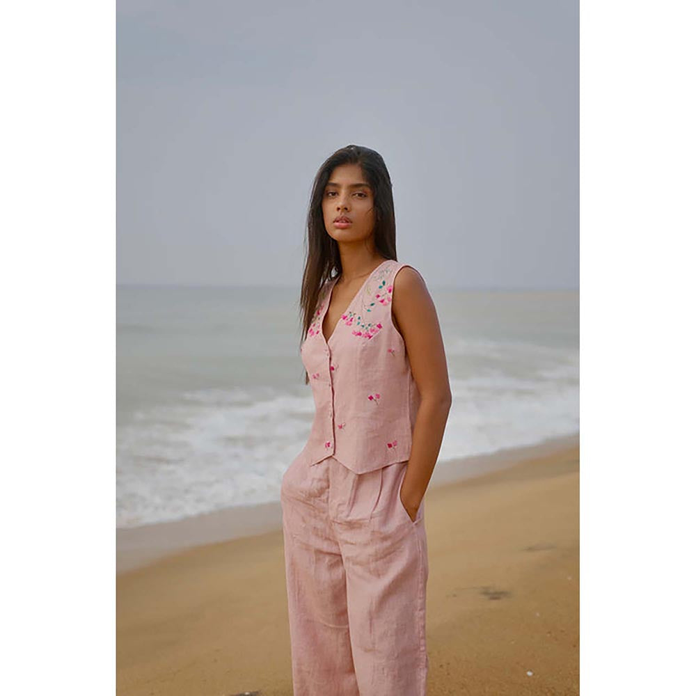 KAVANA Women Floral Embroidered Pink Anika Linen Top With Pant Co-Ord's