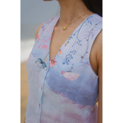 KAVANA Women Floral Print Blue Seher Linen Top With Pant Co-Ord's