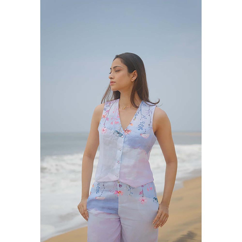 KAVANA Women Floral Print Blue Seher Linen Top With Pant Co-Ord's