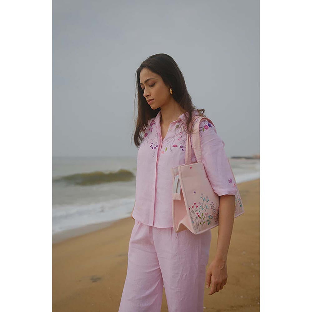 KAVANA Women Floral Embroidered Pink Ira Linen Shirt With Pant Co-Ord's