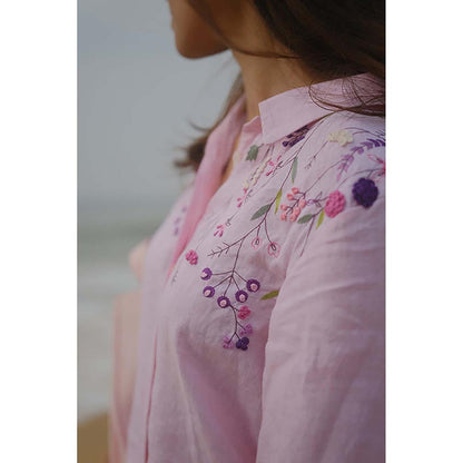 KAVANA Women Floral Embroidered Pink Ira Linen Shirt With Pant Co-Ord's