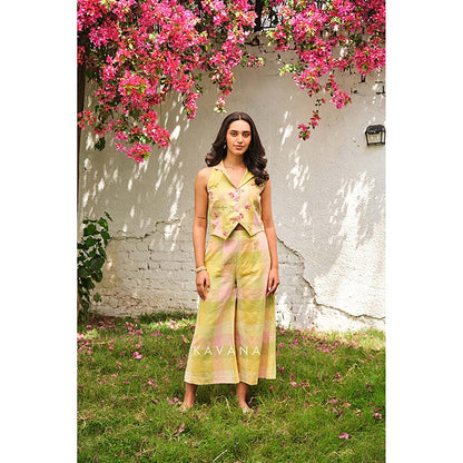 KAVANA Women Floral Embroidered Yellow Kairi Top With Palazzos Co-Ord's