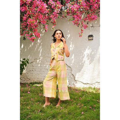 KAVANA Women Floral Embroidered Yellow Kairi Top With Palazzos Co-Ord's
