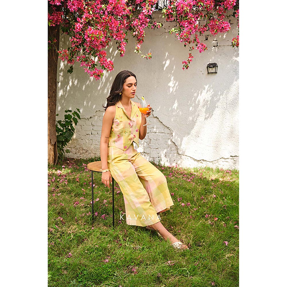 KAVANA Women Floral Embroidered Yellow Kairi Top With Palazzos Co-Ord's