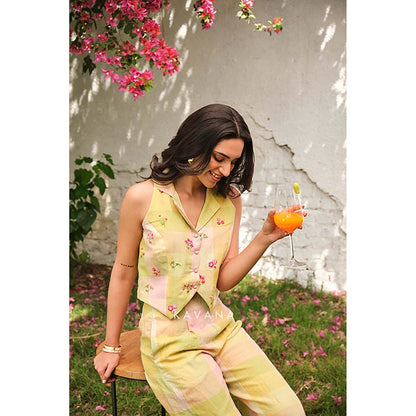 KAVANA Women Floral Embroidered Yellow Kairi Top With Palazzos Co-Ord's