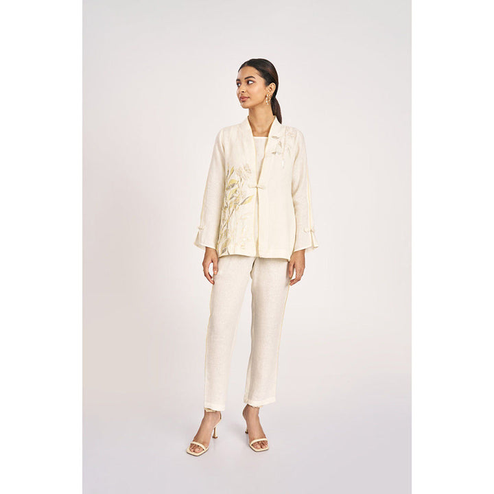 Kaveri Bamboo Grove Jacket & Inner with Pant-Off white (Set of 3)