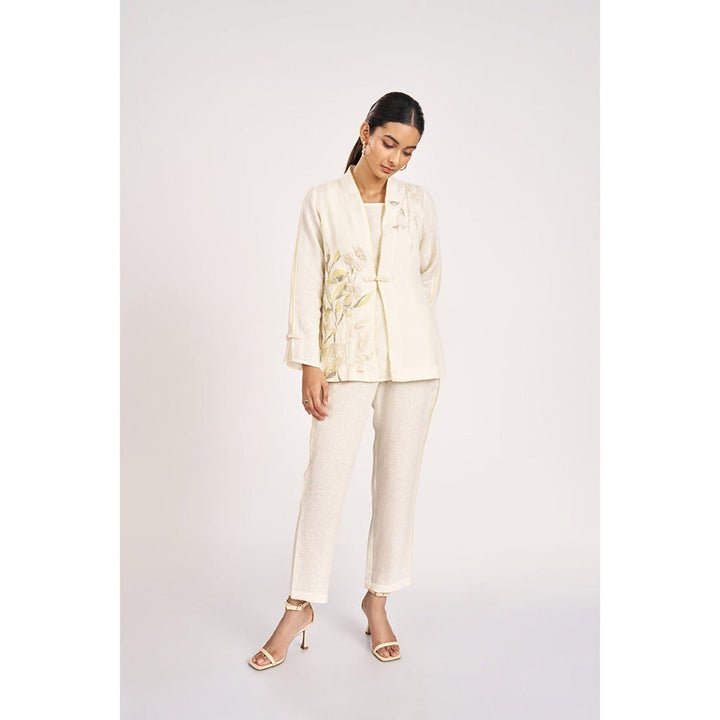 Kaveri Bamboo Grove Jacket & Inner with Pant-Off white (Set of 3)