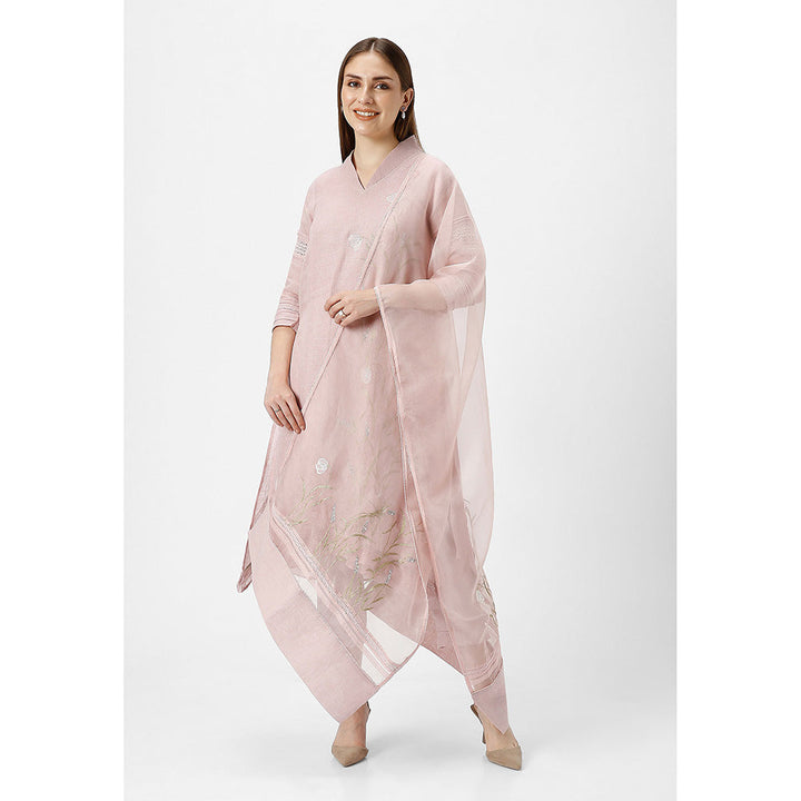 Kaveri Pink Shadow Rose Dew Drop Fly Free Kurta with Pant and Dupatta (Set of 3)