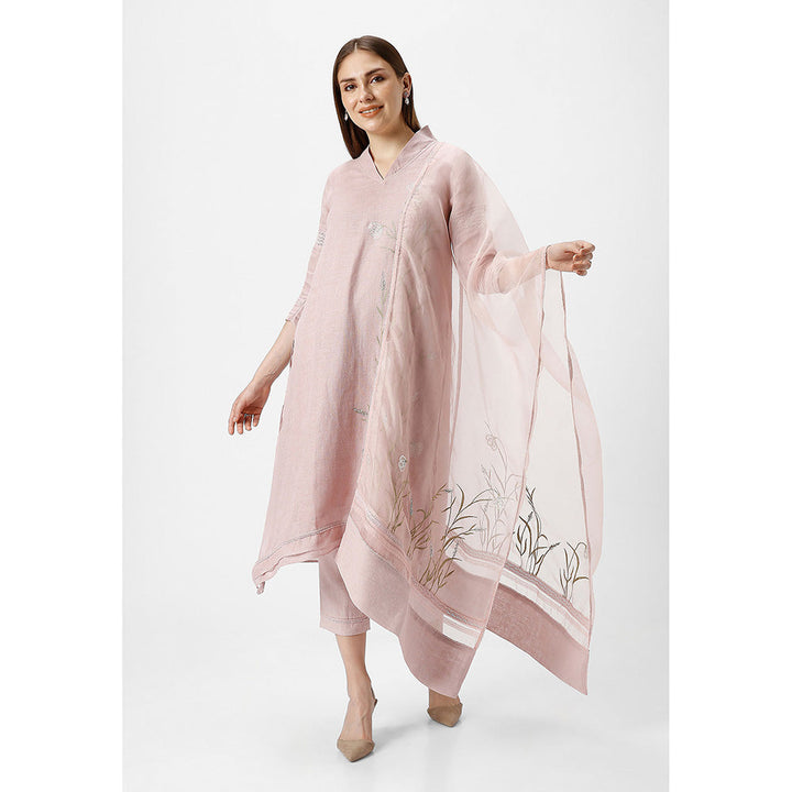 Kaveri Pink Shadow Rose Dew Drop Fly Free Kurta with Pant and Dupatta (Set of 3)