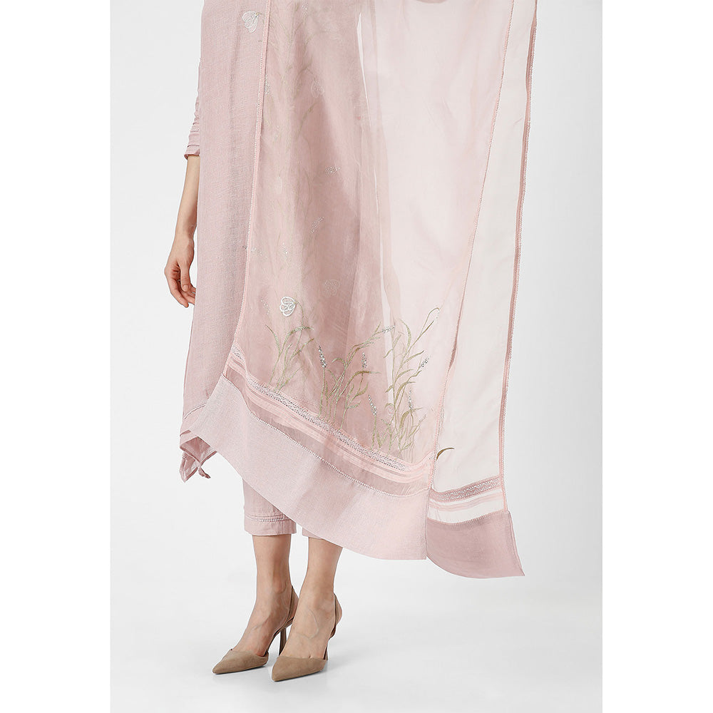 Kaveri Pink Shadow Rose Dew Drop Fly Free Kurta with Pant and Dupatta (Set of 3)