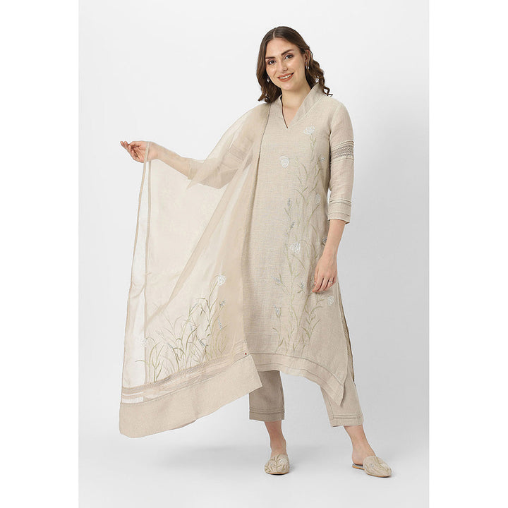 Kaveri Beige Natural Dew Drop Fly Free Kurta with Pant and Dupatta (Set of 3)