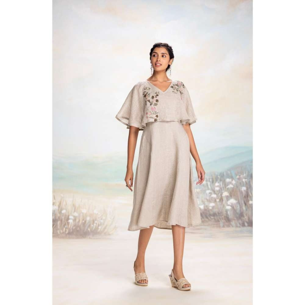 Kaveri Taupe Tsukiyama Cape Dress