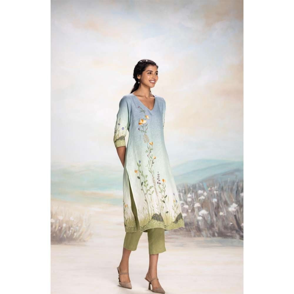 Kaveri Blue Landscape Kurta with Pant (Set of 2)