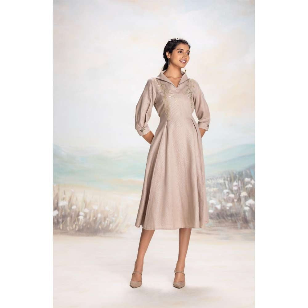 Kaveri Taupe Leaf Midi Dress