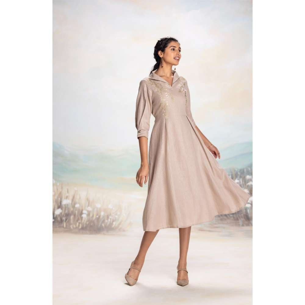 Kaveri Taupe Leaf Midi Dress