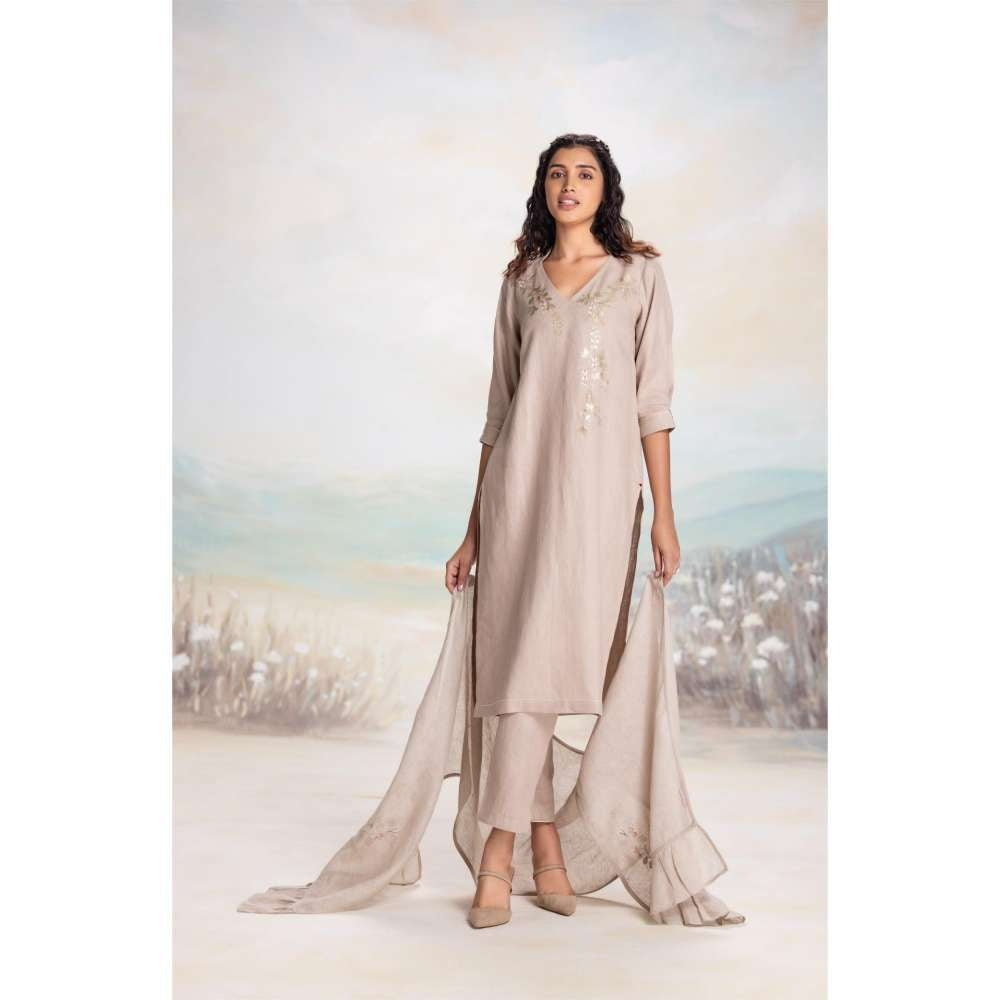 Kaveri Beige Leaf Kurta with Pant and Dupatta (Set of 3)