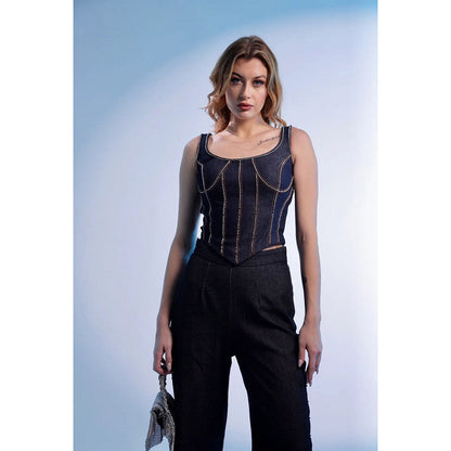 Kayjay by Kritika Jain Navy Blue Golden Thread Detailing Denimingo Crop Top