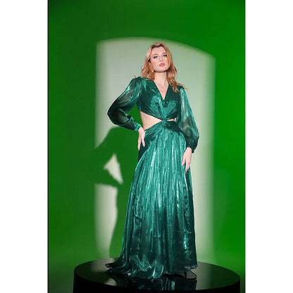 Kayjay by Kritika Jain Green Solid Full Sleeves V-Neck Gown