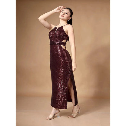Kayjay by Kritika Jain Wine Sleeveless Sequined In My Viens Gown and Belt (Set of 2)