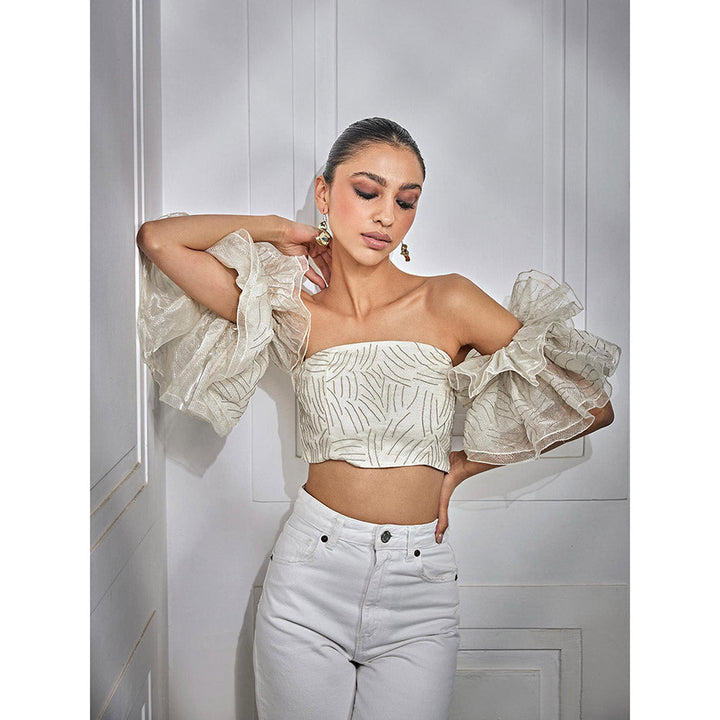 Kay Kay BY KKHUSHI SAHAII Off White Organza Chain Embroidered Crop Top