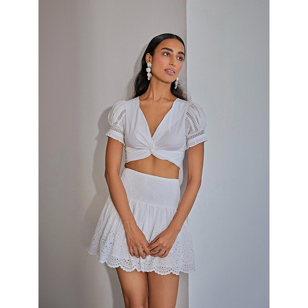 Kay Kay BY KKHUSHI SAHAII Off White Schiffli Crop Top and Skirt (Set of 2)