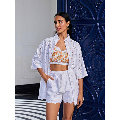 Kay Kay BY KKHUSHI SAHAII Schiffli Embroidered Bralette with Shorts and Shirt (Set of 3)