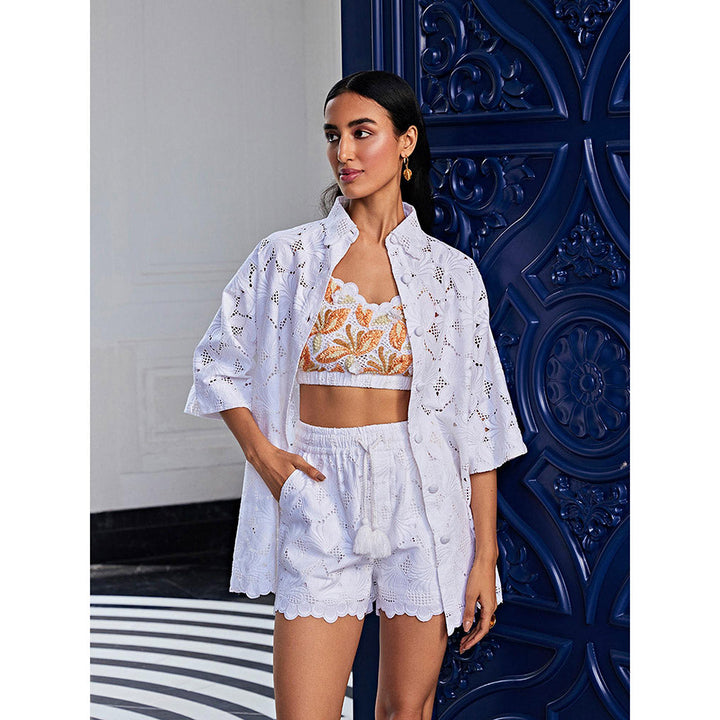 Kay Kay BY KKHUSHI SAHAII Schiffli Embroidered Bralette with Shorts and Shirt (Set of 3)