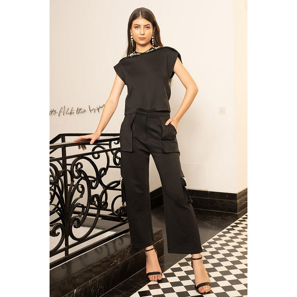 Kay Kay BY KKHUSHI SAHAII Black Pearl Collar Top and Pant (Set of 2)