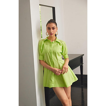 Kay Kay BY KKHUSHI SAHAII Green Embellished/Sequined Neon Shirt Mini Dress