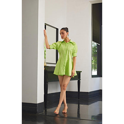 Kay Kay BY KKHUSHI SAHAII Green Embellished/Sequined Neon Shirt Mini Dress