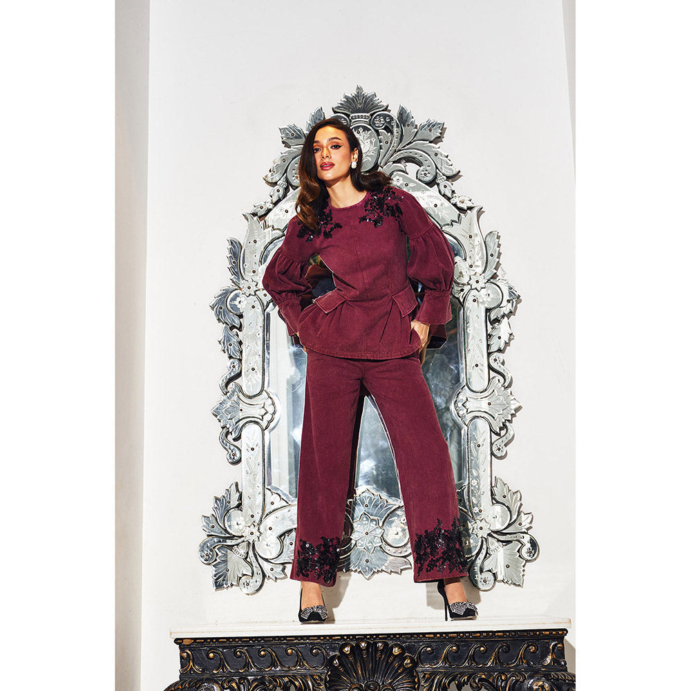 Kay Kay BY KKHUSHI SAHAII Women Boat Neck Burgundy Co-Ord (Set of 2)