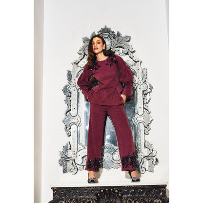 Kay Kay BY KKHUSHI SAHAII Women Boat Neck Burgundy Co-Ord (Set of 2)