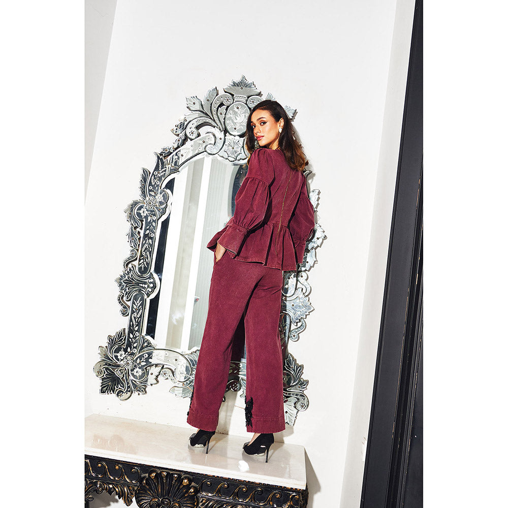 Kay Kay BY KKHUSHI SAHAII Women Boat Neck Burgundy Co-Ord (Set of 2)