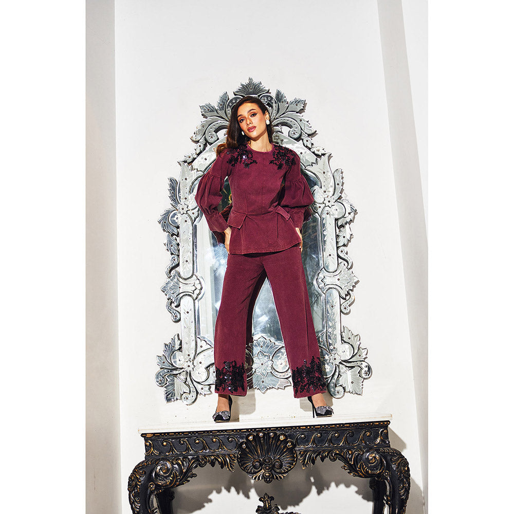 Kay Kay BY KKHUSHI SAHAII Women Boat Neck Burgundy Co-Ord (Set of 2)