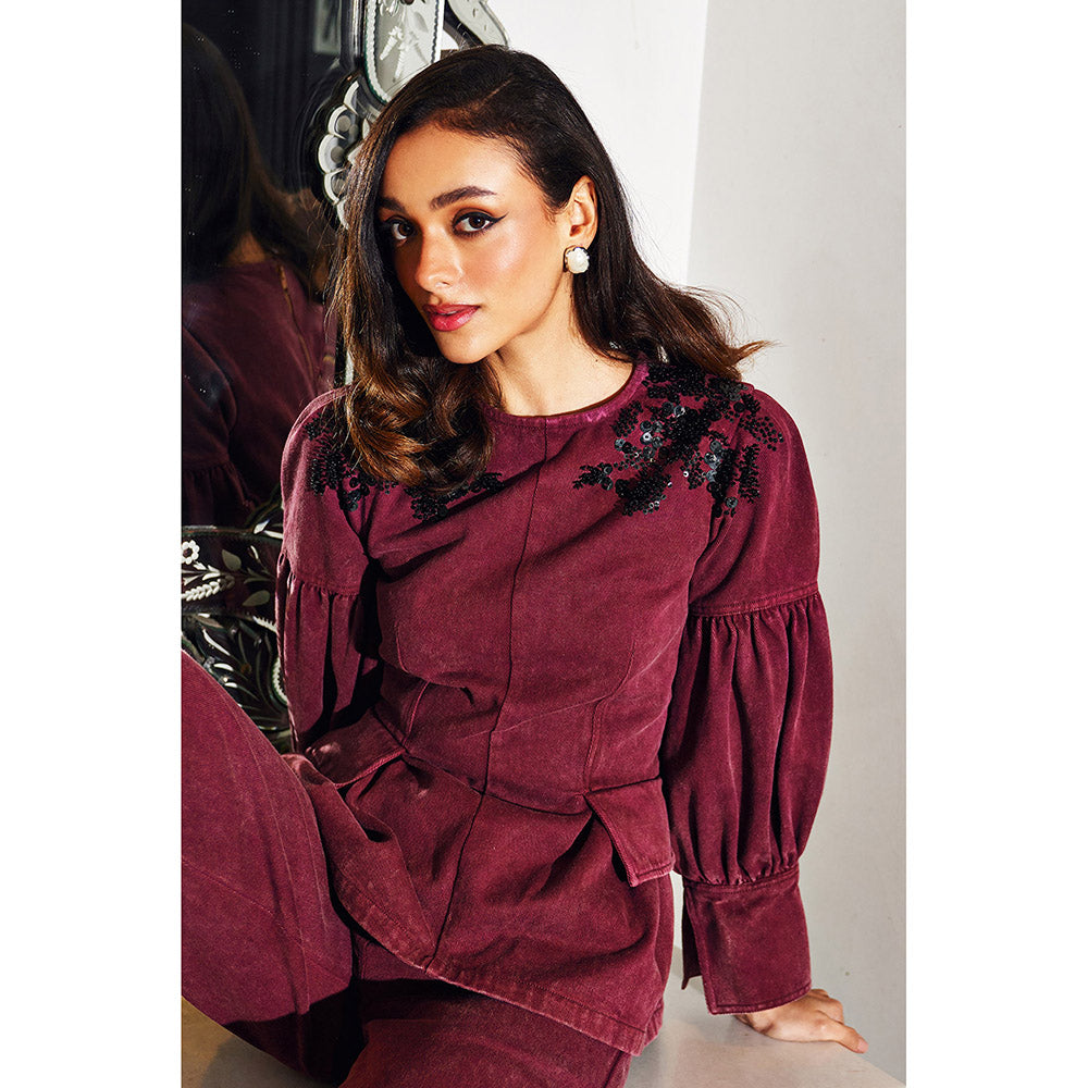 Kay Kay BY KKHUSHI SAHAII Women Boat Neck Burgundy Co-Ord (Set of 2)