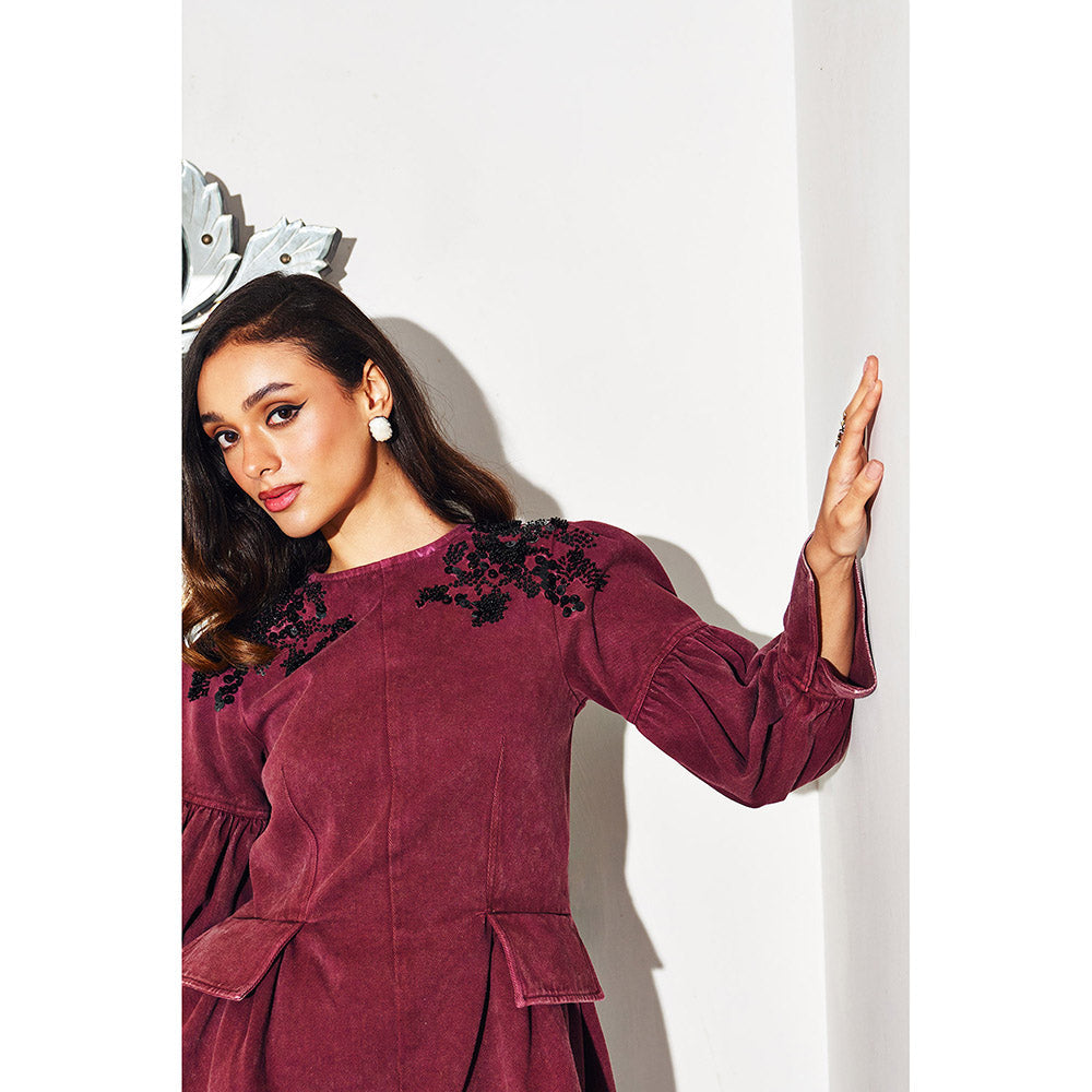 Kay Kay BY KKHUSHI SAHAII Women Boat Neck Burgundy Co-Ord (Set of 2)