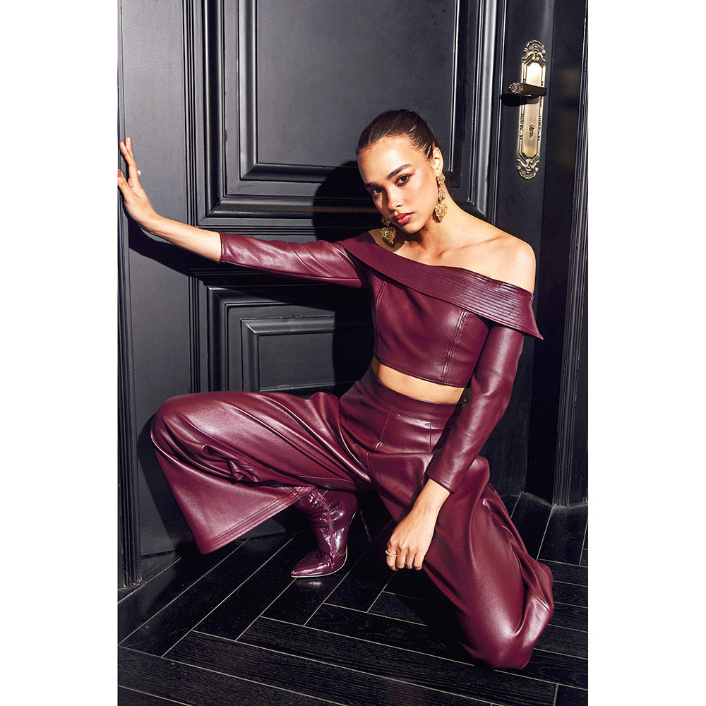 Kay Kay BY KKHUSHI SAHAII Women Off Shoulder Maroon Rachel Co-Ord (Set of 2)