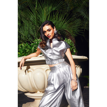 Kay Kay BY KKHUSHI SAHAII Women High Neck Silver Noemi Co-Ord (Set of 2)