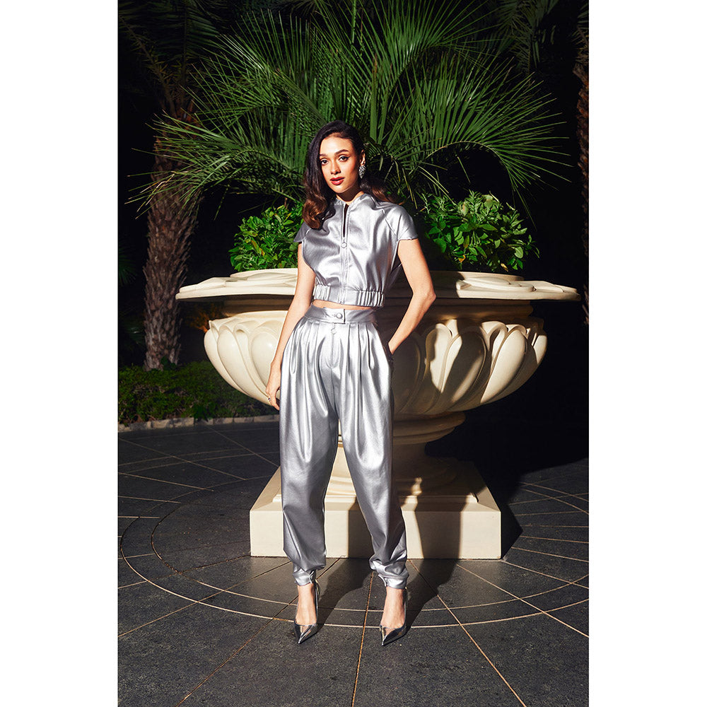 Kay Kay BY KKHUSHI SAHAII Women High Neck Silver Noemi Co-Ord (Set of 2)