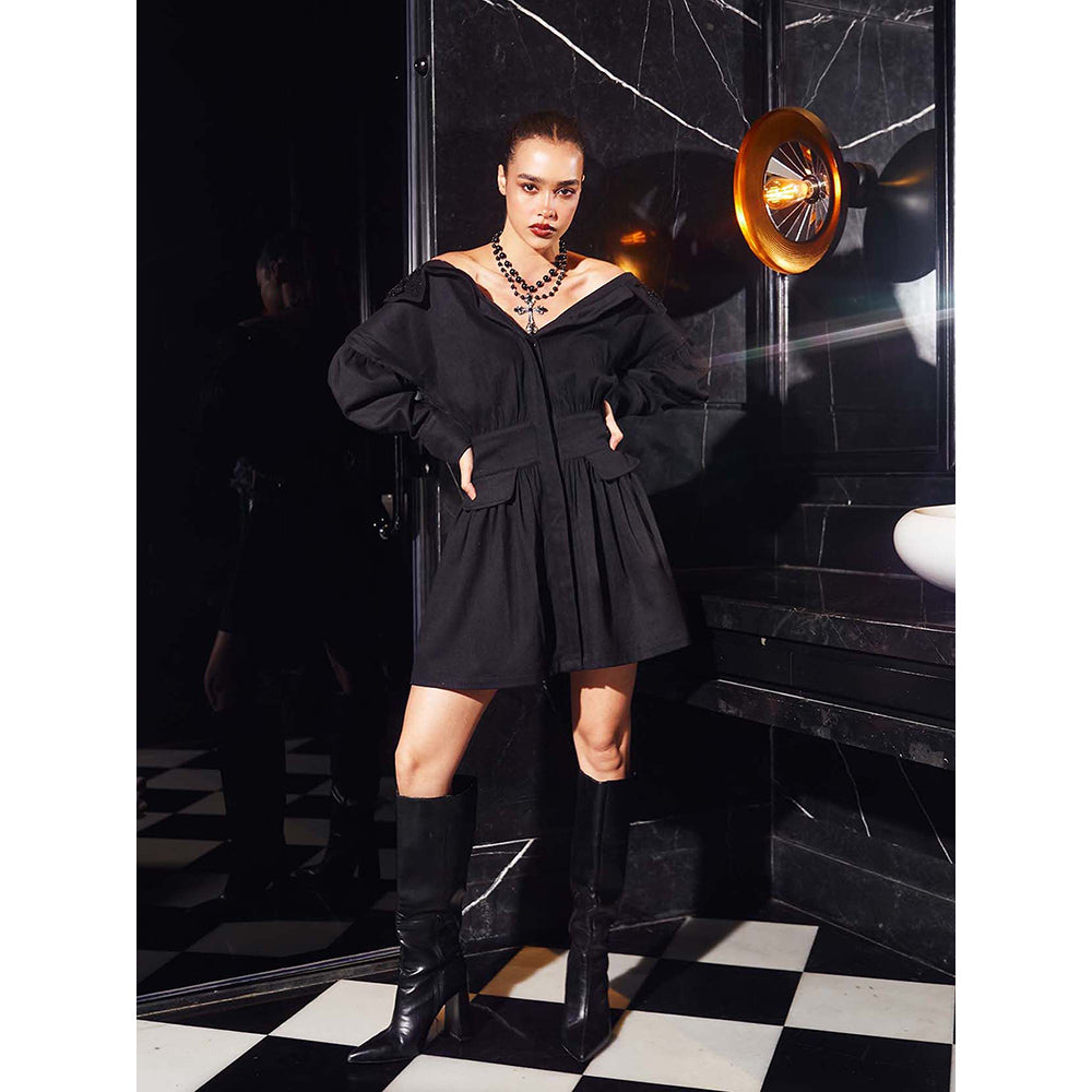 Kay Kay BY KKHUSHI SAHAII Women Mini V-Neck Full Sleeves Vivianne Black Dress